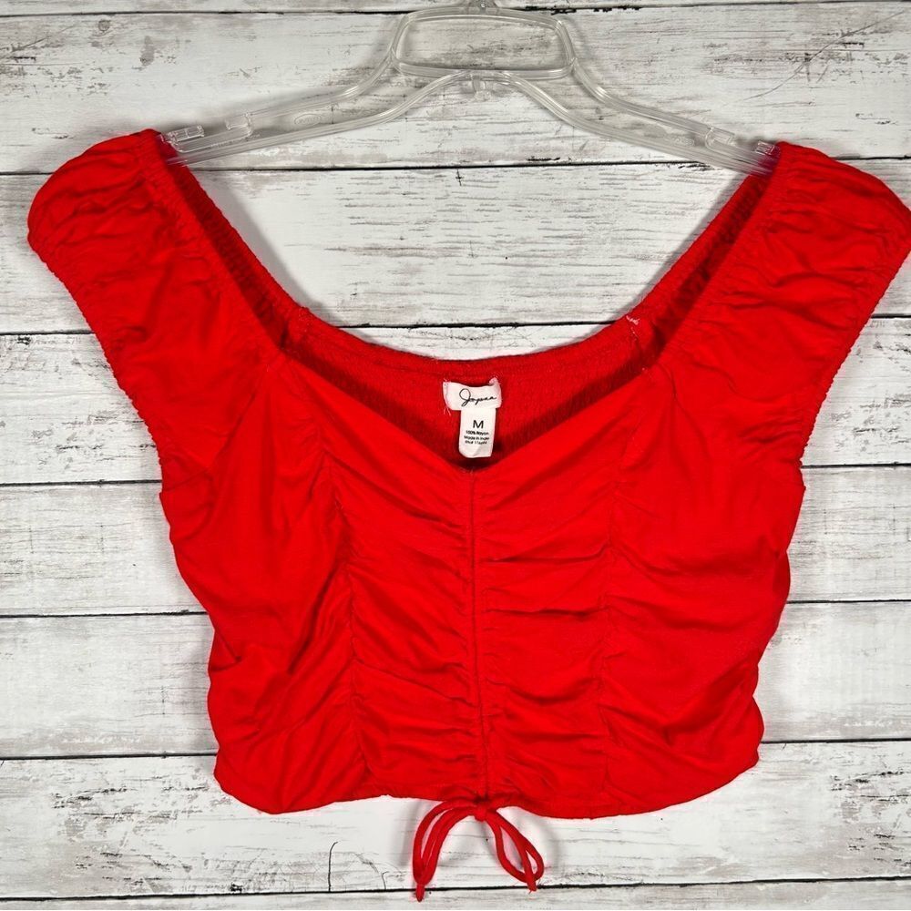 Japna Cropped Ruched Puff Sleeve Rayon Red Top M